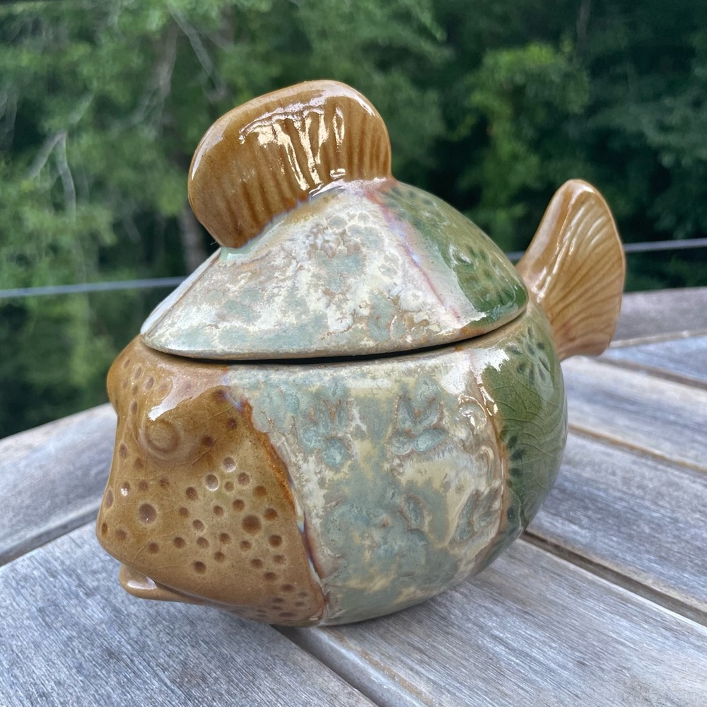 Pier 1 Imports Fish Stoneware Pottery Lidded Jar / Candy Dish